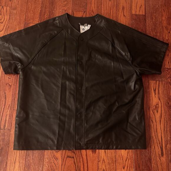 Adidas Originals Faux Leather Baseball Jersey Men's Large Black Snap Down 2024 - Picture 15 of 16